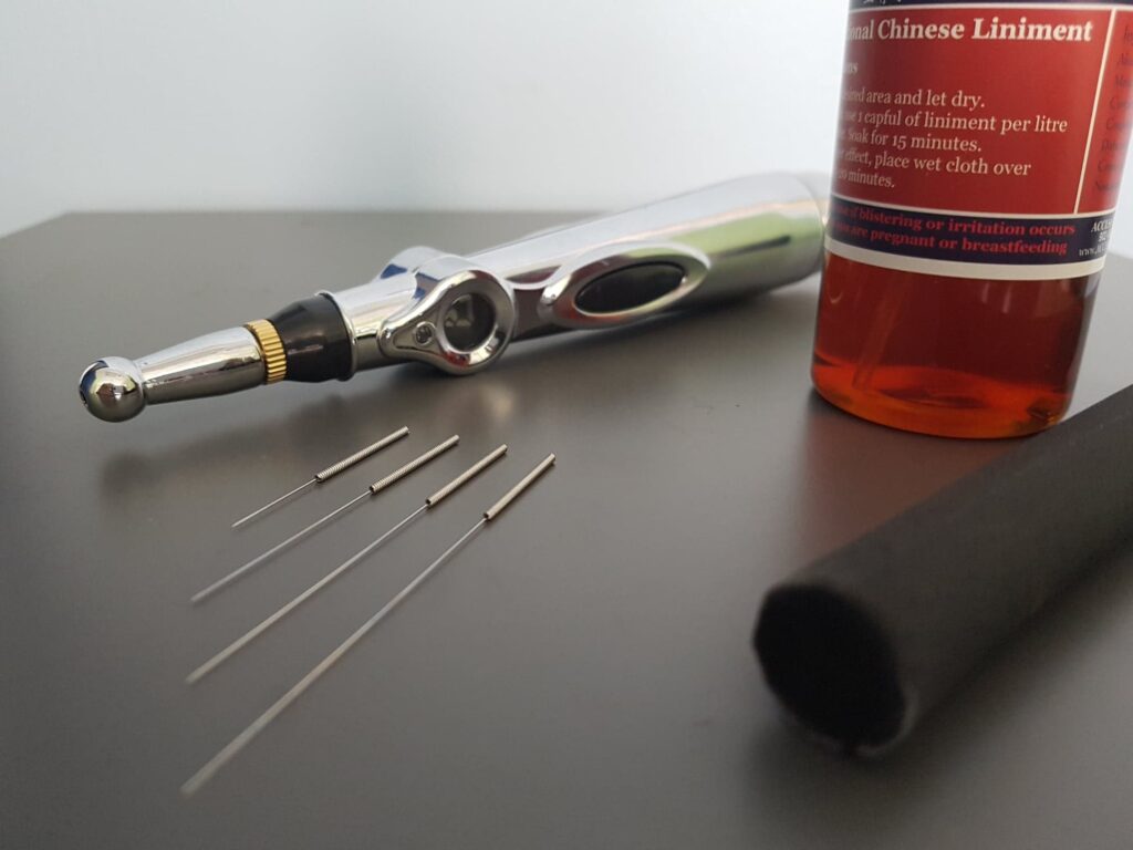 Acupuncture needles, Pain liniment and acupoint stimulator used for treatment