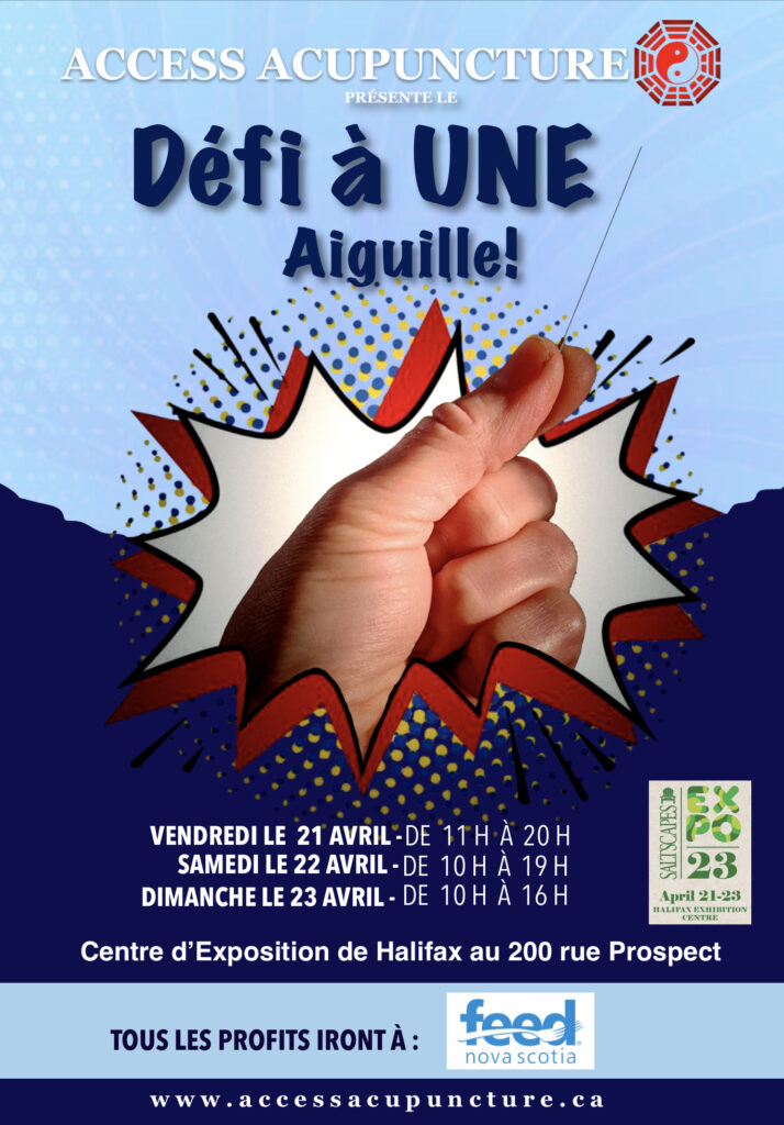 Poster pour le défi d’une aiguille d’acupuncture, avril 2023 a Beechville, NS